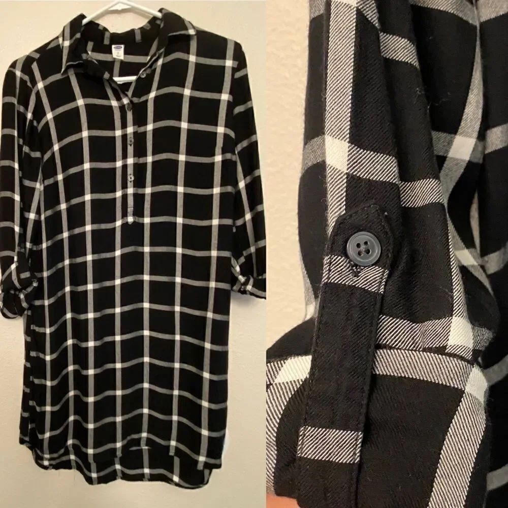 Old Navy woman’s black white Plaid Flannel tunic button pullover shirt dress S